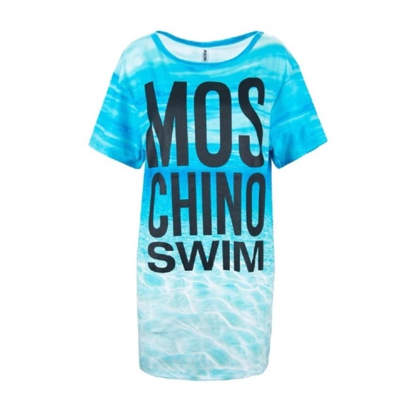 New! Moschino Swim Logo Ocean Print Cover Up T-Shirt Dress in Blue - Picture 2 of 6